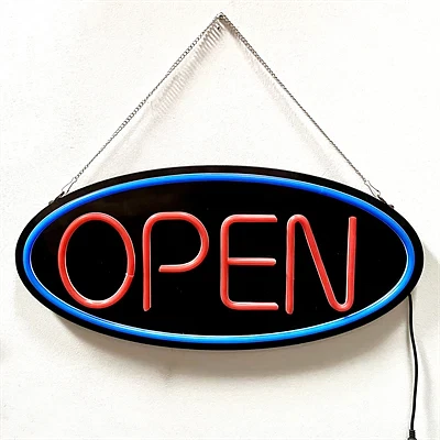 OPEN LED skilt, sort med rød tekst og blå kant