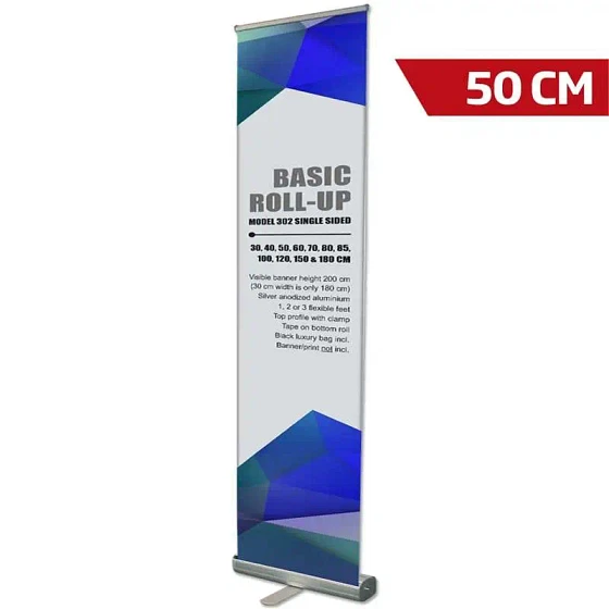 Basic Roll-up, enkeltsidet, alu/sølv, 50 cm, inkl. bannerprint