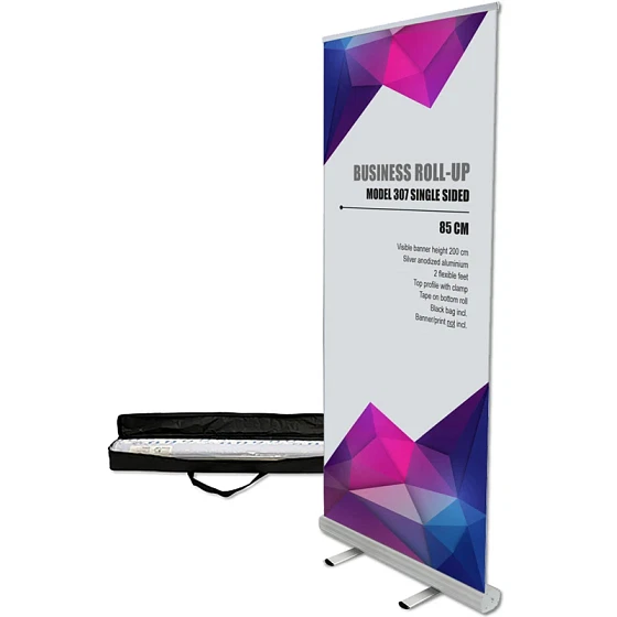 Business Roll-up, enkeltsidet, 85 cm, alu/sølv, inkl. taske med lang lynlås og bannerprint