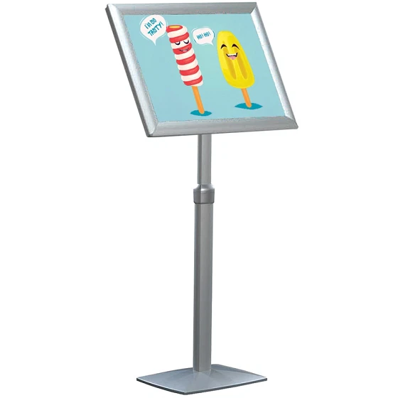 Flex Infostander, justerbar, sølv, med A2 klapramme