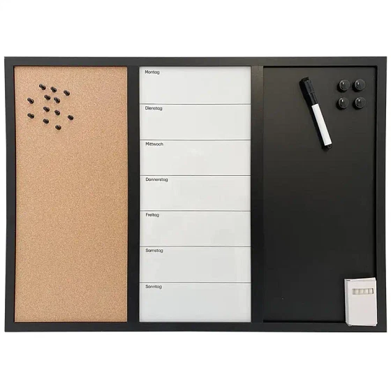 Kombitavle med kork- og kridttavle + whiteboard ugeplan med tysk tekst